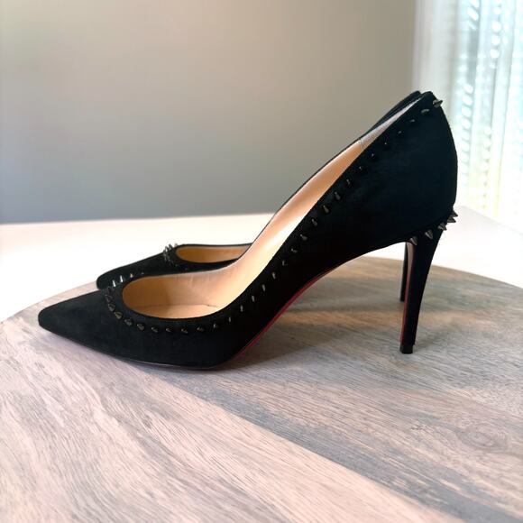 Christian Louboutin Follies Spikes 100 Pumps Black Suede Red Sole Heels Size 8.5 - Picture 9 of 15